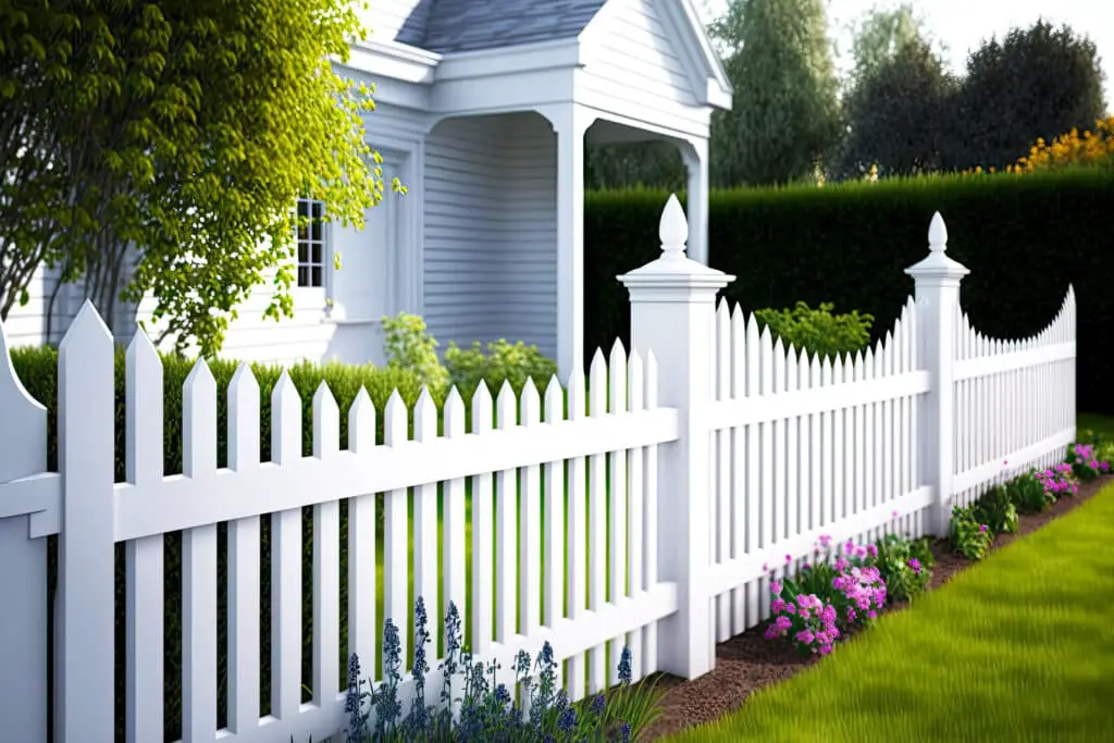 Wooden white picket fence white country house