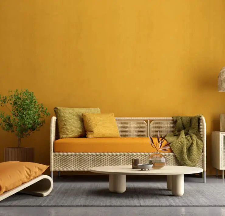 Yellow living room interior with sofa,armchair,lamp and plant