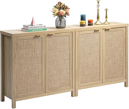 SICOTAS Credenza Sideboard Buffet Rattan Cabinet - Boho Large Kitchen Storage Cabinet with Rattan Storage - Wood Cabinet Buffet Console Table for Dining Room Hallway