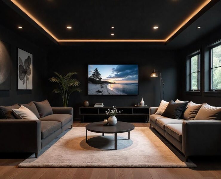 cozy basement with black ceiling